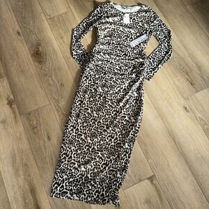 Almost Famous Bodycon Dress Leopard Full Length Stretch Sexy Lined Women's L NEW
